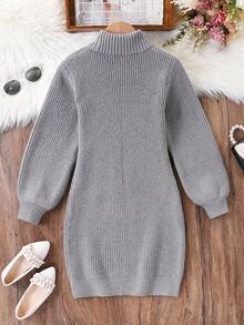 Gaun Sweater Lengan Panjang Kerah Tinggi dengan Hiasan Pita dan Blok Warna untuk Anak Perempuan Remaja - Grey - View 2