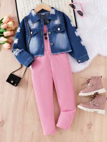 SHEIN 2pcs Young Girl Casual Washed Distressed Denim Jumpsuit Set - Pink - View 6