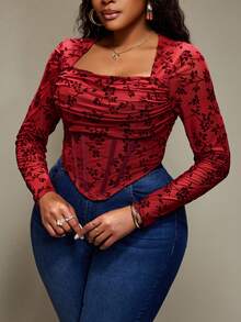 Truni Plus Size Women's Long Sleeve Crew Neck T-Shirt Top, Flocked Floral Pattern Waist Fitted Top, For Pear Triangle Body Shape - Red - View 8