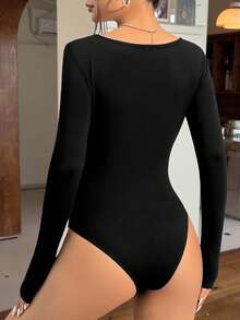 SHEIN EZwear Black Knitted Tight Bodysuit - Black - View 2
