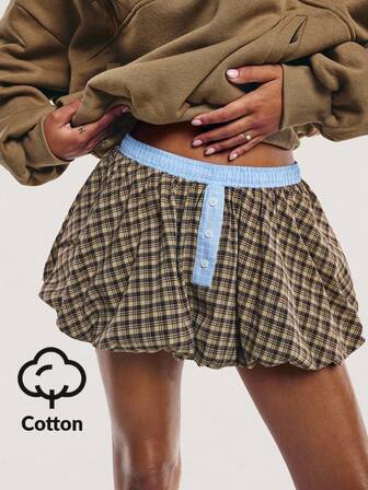 Athîral 女士撞色弹力腰格子迷你泡泡裙秋冬撞色