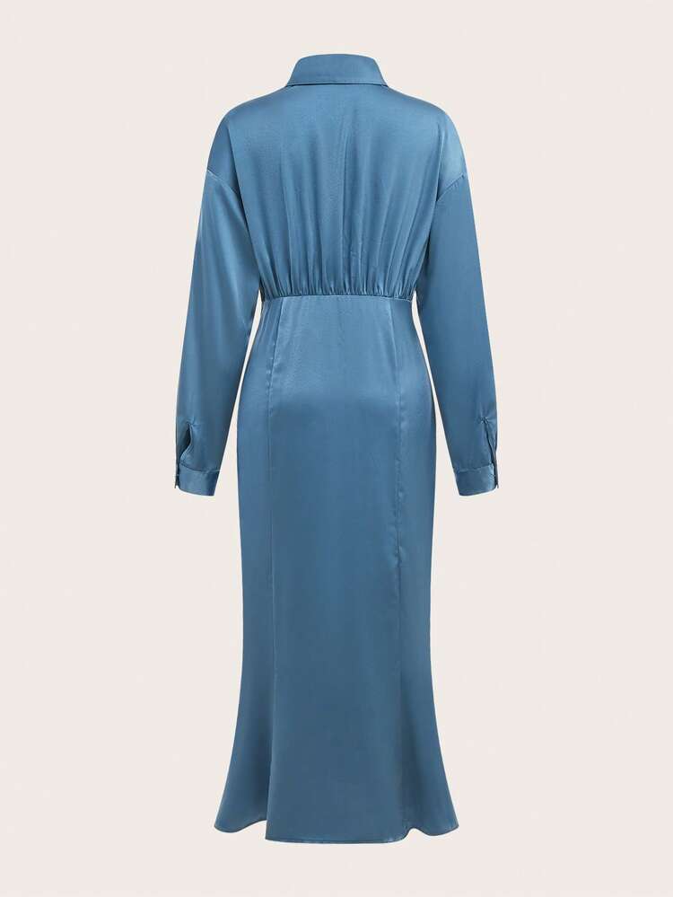 SHEIN Maija 2025 Autumn/Winter Textured Satin Women's Shirt Dress With Metal Buttons, Navy Blue, Suitable For Party And Evening Occasions,Metal Design, Winter Clothes For Women, Winter Dresses For Women, Christmas Clothes, Christmas Party Dress, New Year Clothes, New Year Outfit , Blue Dress New Year, Thanksgiving Shirt, Elegant Party Dresses, Christmas Party, Elegant Party Dress, Long Party Dress, Beach Dress, Graduation Dresses, Elegant Dress For Women, Elegant Dresses For Party, Chic Evening Dress, Stylish Clothing Collection