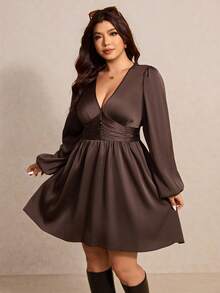 Elaquor Plus Size Elegant Solid Color Lantern Sleeve Dress, Suitable For Commuting - Brown - View 3