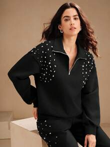 Anewsta Fashionable Embellished Beaded Loose Fit Pullover Sweatshirt, Grey, For Women, Autumn/Winter, Christmas - Black - View 7