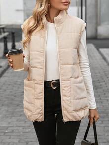 SHEIN LUNE Sleeveless Zip-Up Pocket Loose Casual Padded Coat For Women - Apricot - View 1