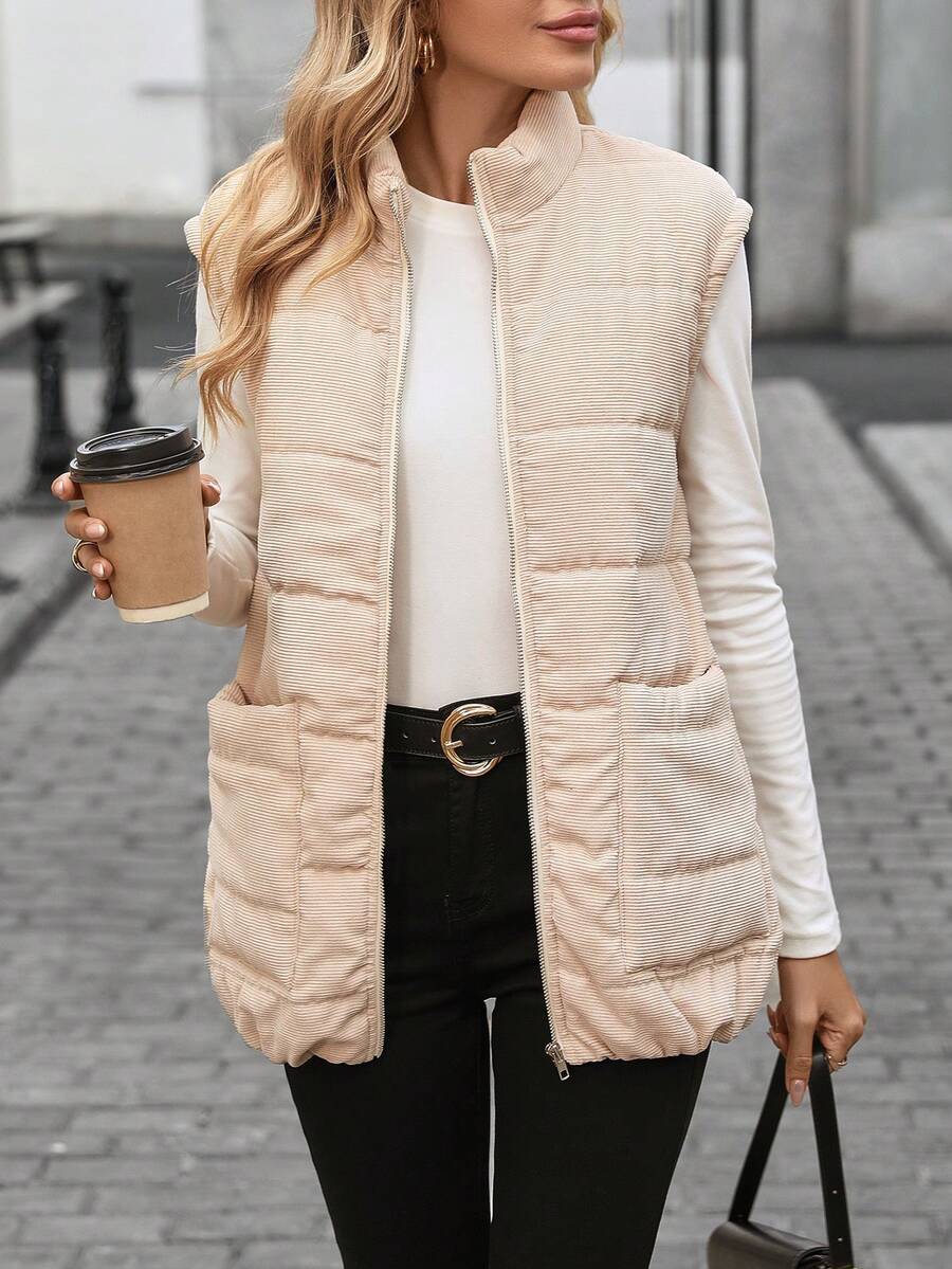 SHEIN LUNE Sleeveless Zip-Up Pocket Loose Casual Padded Coat For Women - Apricot - View 1