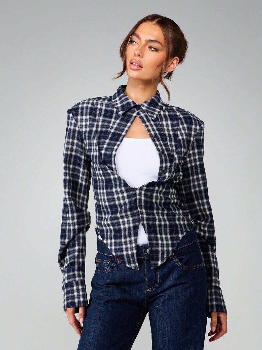 MISSGUIDED Front Twist Detail Long Sleeve Flannel Shirt With Chest Cutout Design - Multicolor - View 1