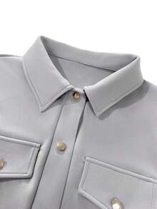 Franclia Women's Elegant Waist Cinched Long Sleeve Jacket With Faux Pockets, Autumn/Winter - Light Grey - View 3