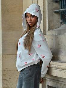 Mima John Damen Kirsch-Muster Sweatjacke mit Zippverschluss und Dropped Shoulders, Herbst Thermo, Langarm Oberteil - Weiss - Übersicht 5