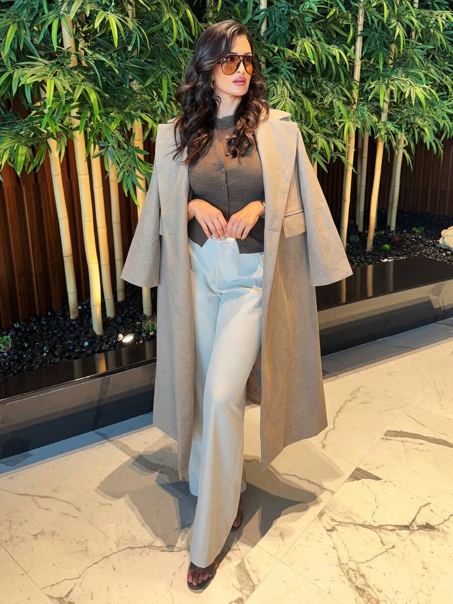 MDEdit Áo khoác cổ dài bằng len giản dị - Lạc đà - Xem 1