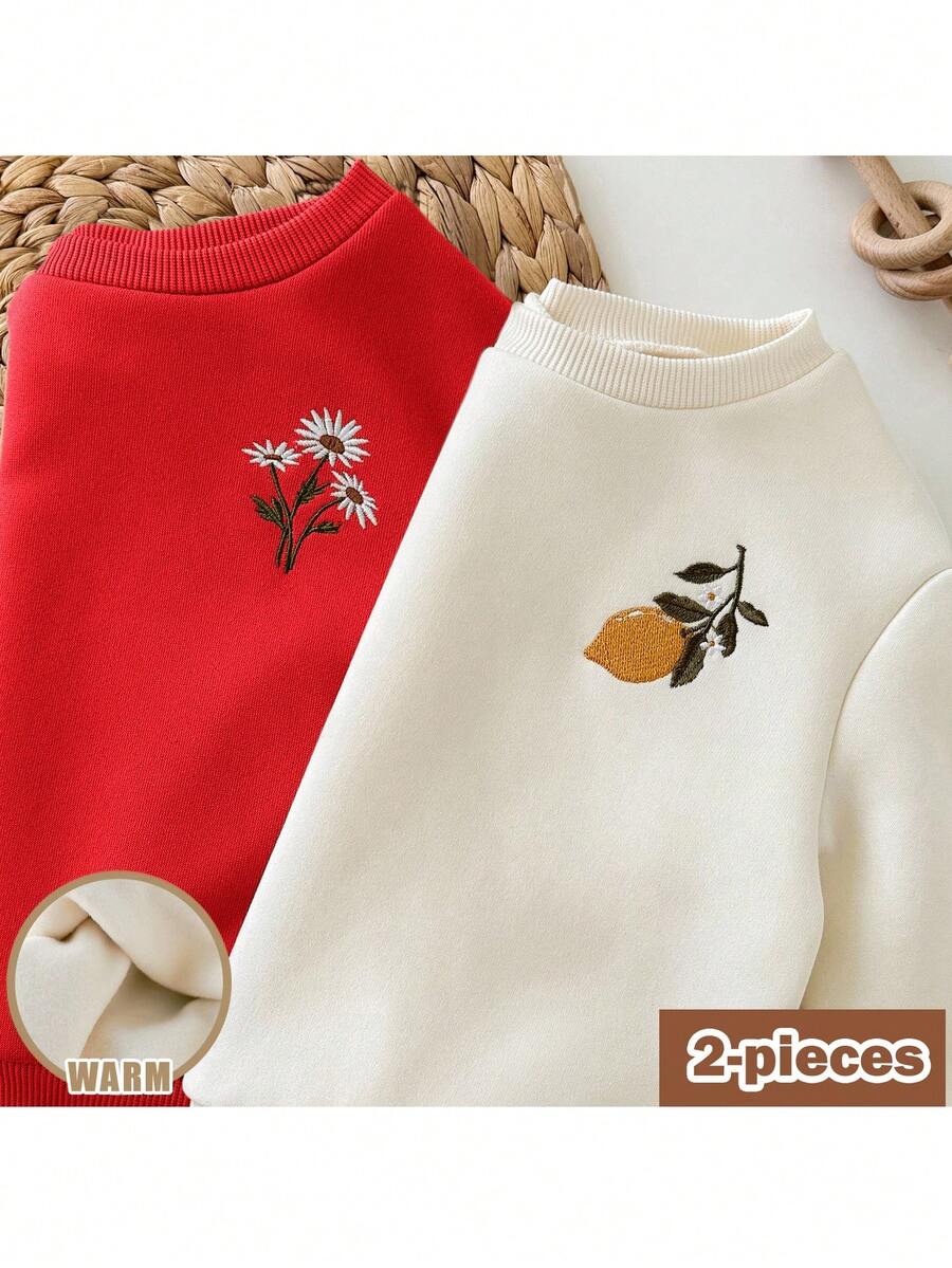 Loomiva 2pcs Baby Girl Floral Print Soft Knit Crew Neck Long Sleeve Pullover Sweatshirt Set - Multicolor - View 1