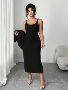 Elenzga 大码纯色优雅针织花卉连衣裙配蝙蝠袖开衫毛衣套装 - 黑色 - 查看 3