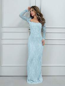 Jemour 女士新款性感S型蕾丝长袖紧身鱼骨方领紧身连衣裙，适合派对、约会、晚会，黑色，秋冬 - 淺藍色 - 查看 4