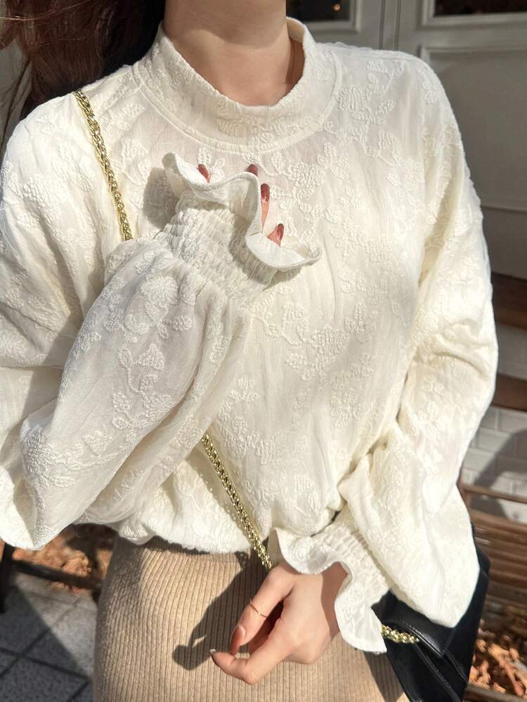 Women's Solid Color Lace Fabric Turtleneck Blouse - Beige - View 8