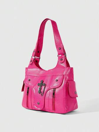Goth Modisch einzigartiger Riemen PU Leder Damen Schultertasche mit großer Kapazität, Lässig Alltagstasche, Straßen- & Japanischer Stil Tasche für Frauen, Neue Kollektion Shopper Taschen für Damen