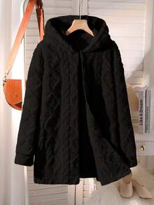 Tween Girls Casual All-Match Versatile Daily School Cable Knit Striped Fuzzy Collar Open Front Mid-Length Autumn/Winter Jacket - Black - View 6