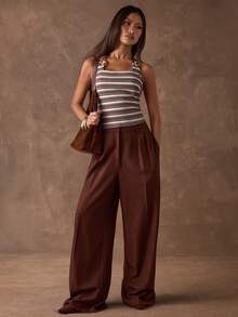 SHEIN BAE Women's Brown Striped Backless Beaded Patchwork Slim-Fit Camisole,Bohemian Style Music Festival Tank Top,Beige,Summer,Boho Chic,Vacation,Holiday - Brown - View 3