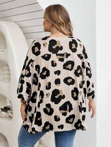 SHEIN CURVE+ 大码休闲豹纹印花宽松圆领长袖T恤，适合春/夏/秋/冬穿着 - 彩色 - 查看 2