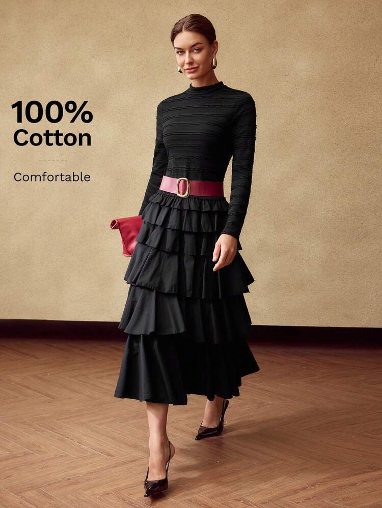 WOMEN TEXTURED RUFFLE LAYERED DRESS, AUTUMN/WINTER