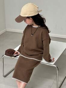 DAZY Young Girl Casual Color Block Trim Crew Neck Sweater + Knit Skirt Set, Autumn/Winter - Brown - View 1