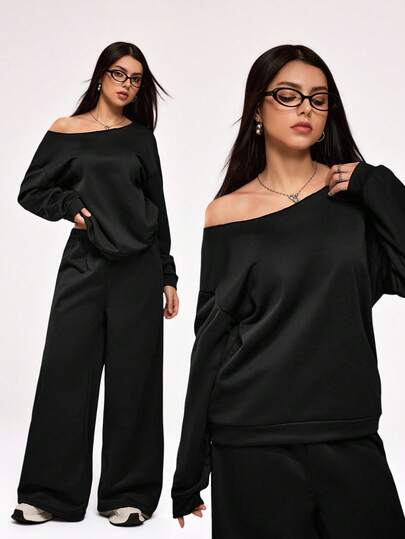 2pcs/Set Fashionable Oblique Shoulder Solid Color Sweatshirt For Teen GirlUnconventional Silhouette Design, Solid Color Versatile, Paired With Straight Pants, Suitable For Daily Wear And Campus, Capturing The Youthful Vibe.