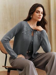 Anewsta Women's Fashionable & Elegant Beaded Rhinestone Knit Cardigan Set - Grey - View 5