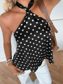 SHEIN EZwear Women's Fashionable Sexy Polka Dot Backless Halter Neck Top - Black and White - View 4