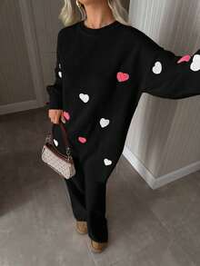 EURMUSE Women Heart Embroidery Balloon Sleeve Sweater And Pant Knit Set - Black - View 8
