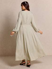 Elaquor Plus Size Women's Round Neck Waist Cinched Dress, Apricot Color - Apricot - View 5