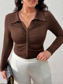 SHEIN Privé Plus Size Women's Casual/Office Commute Simple Solid Color Pleated Fitted Collared Long Sleeve T-Shirt, Spring/Autumn - Chocolate Brown - View 5