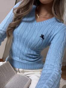 SHEIN EZwear كنزة صوفية نسائية بياقة على شكل حرف V وأكمام طويلة بتصميم بسيط، للارتداء اليومي العادي، ملابس علوية بأكمام طويلة، مناسبة للارتداء في المدرسة في فصلي الخريف والشتاء - الأزرق - مشاهدة 5