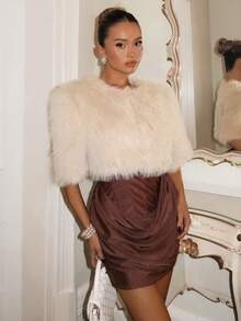 SHEIN Glamour Women's Elegant Apricot Front Open Mid-Sleeve Fuzzy Cardigan, Autumn Coffee Brown Dress Fluffy Dress Women Luxury Clothes For Women Winter Dresses Velvet Dresses - Apricot - View 5