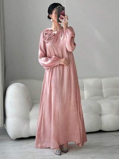 Yasmyna Women's Long Sleeve Arabic Style Dress With 3D Floral Decor, Pink