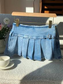 Comfortcana 女士休闲搭扣褶裥牛仔开衩裙裤 - 藍色 - 查看 7