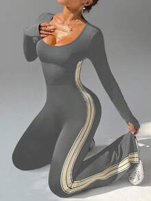 Gameset SHEIN Sport 女士秋冬U领长袖条纹拼接连体裤，适合日常休闲穿着、跑步、瑜伽、健身、网球等运动。 - 灰色 - 查看 4