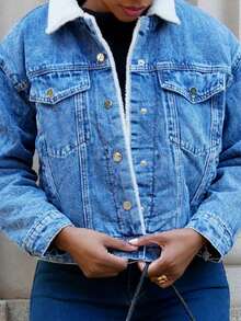 Yess Loren 秋冬保暖内衬宽松休闲牛仔夹克 - 中等水洗藍 - 查看 6