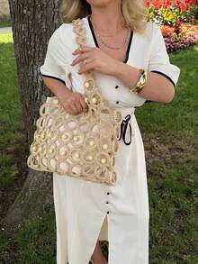 Jeta Ari 时尚度假镂空串珠细节单肩包，优雅包包 - 駝色 - 查看 2