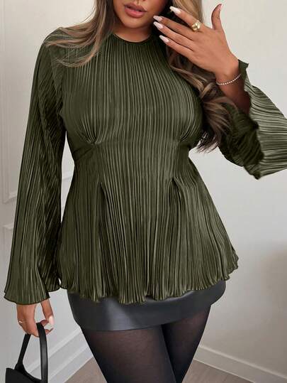 Xyvia Women's Pleated Waist Elegant Commute & Date Shirt, Autumn Pleated Top Army Green Top Green Long Sleeve Top Green Blouses Olive Green Top