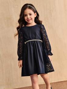 SHEIN Girls Blue Long Sleeve Lace Dress,Mommy And Me Matching Outfits,Black Autumn Traditional Wedding Solid Color Fashionable High-End Outfits(2 Pcs Sold) - Blue - View 4