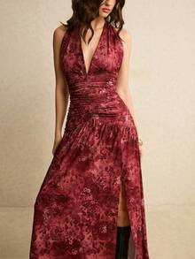 Poéselle Women's Elegant Burgundy Floral Halter Maxi Dress,Summer Dinner Date Ruched Waist Side Slit Boho Brocade Jacquard Long Banquet Winery Evening Gown - Coral Pink - View 5