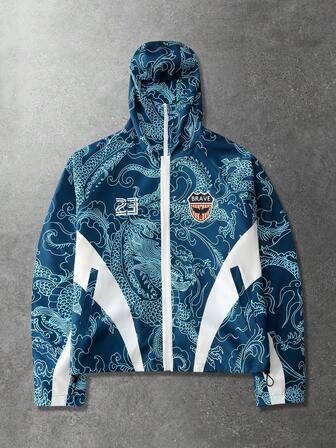 Prep Men's Casual Chinese Dragon Print Zip-Up Hooded Jacket, Autumn