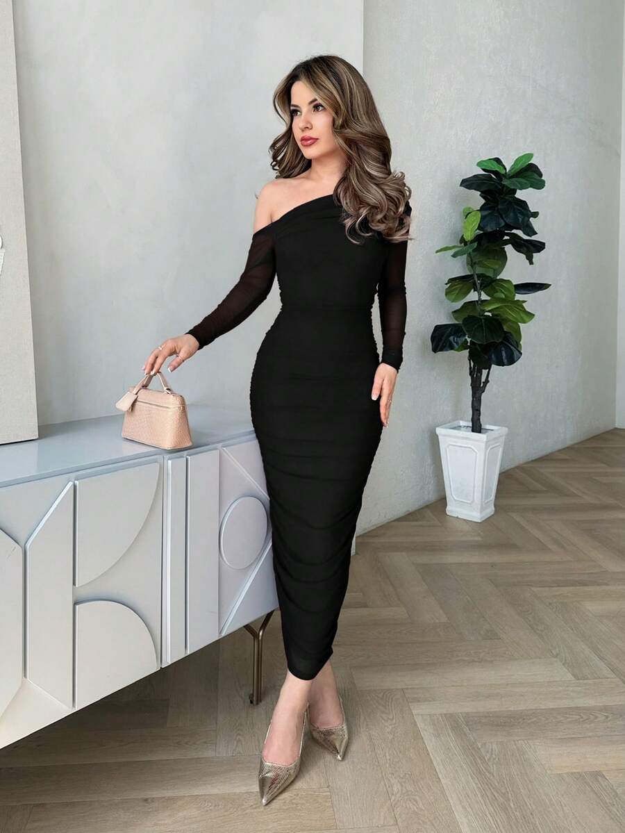 Jemour Women Elegant Ruched Mesh Party Evening Midi Dress With Long Sleeves, Slim Fit, For Autumn - Black - View 1