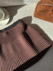 Comfortcana Women's Autumn/Winter Chocolate Brown Ribbed Mini Casual Sweater Skirt, Winter Sweater Dress, Brown Skirt - Chocolate Brown - View 7