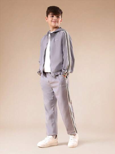  Conjunto de chándal con capucha y cremallera SUMWON para preadolescentes, con detalles de rayas laterales y pantalones jogger de cintura elástica para uso casual diario y vacaciones