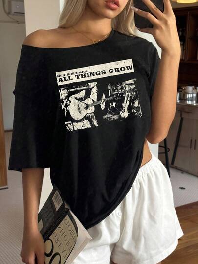 Muchica 音乐节休闲乐队图案印花黑色宽松落肩女式轻薄T恤，适合夏季穿着