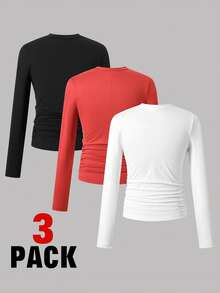 SHEIN 3 قطع تيشيرت كلاسيكي كاجوال بأكمام طويلة من قماش مُحبك، بطباعة أمامية، قصة مناسبة، مريح، مناسب للربيع والخريف، للارتداء اليومي