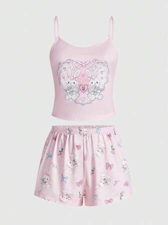 Kawaii Set pigiama con canottiera e pantaloncini con stampe di coniglietti, cuori, fiori e fiocchi