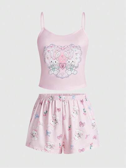 Kawaii Süßer Kaninchen, Herz, Blumen & Schleife Muster Trägerhemd und Shorts Pyjama Set