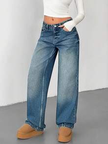 SHEIN Women's Jeans Low Waist Washing Detailed Straight Jean 2000s Style - Medium Wash - View 3