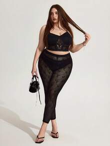 Enliva Quần legging bó sát Sheer Butterfly Jacquard co giãn cao cỡ lớn, Quần legging thu cho nữ, Mùa đông, CURVE PLUS - màu đen - Xem 2